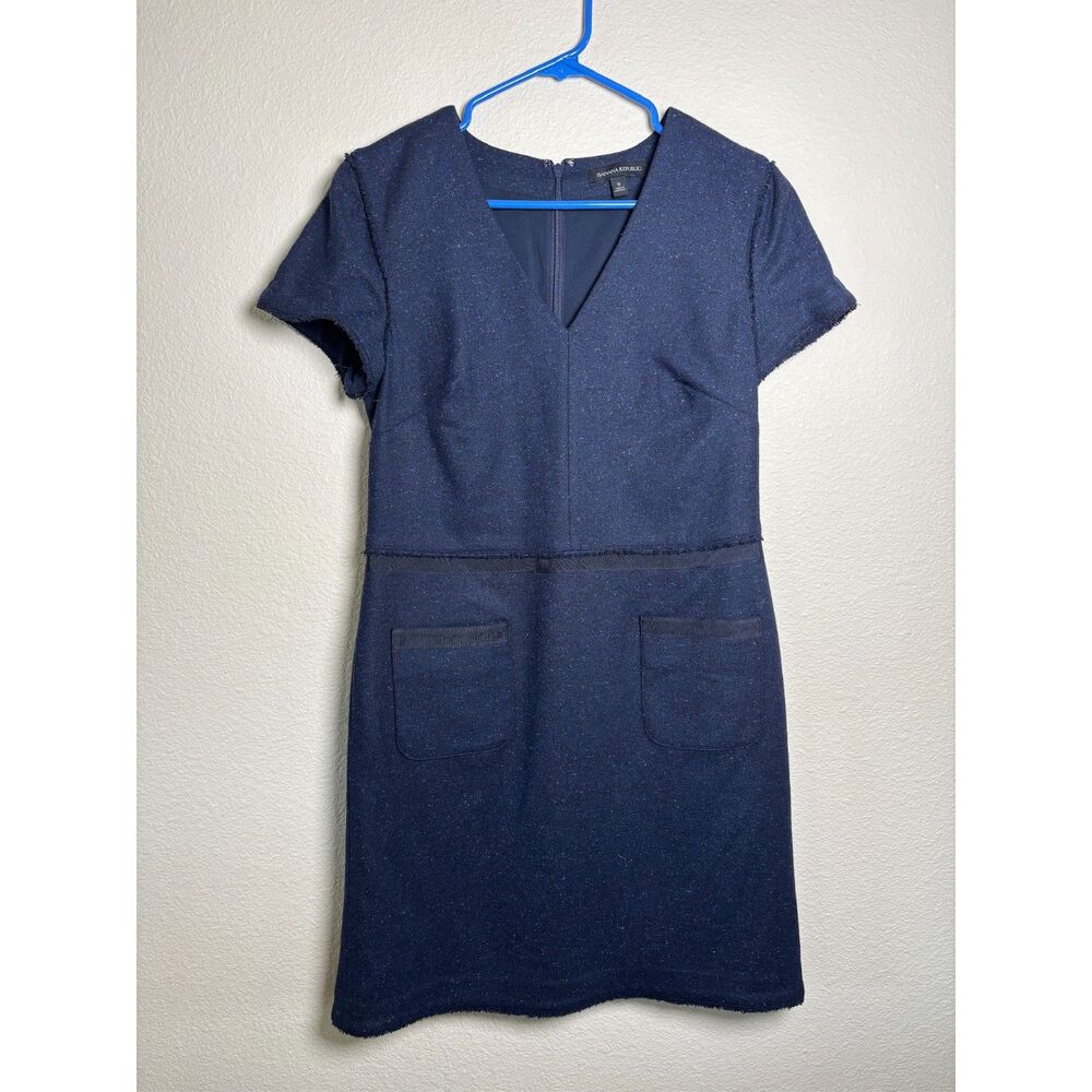 Banana Republic Wool Silk Shift Dress 6 Womens Navy Blue Pockets